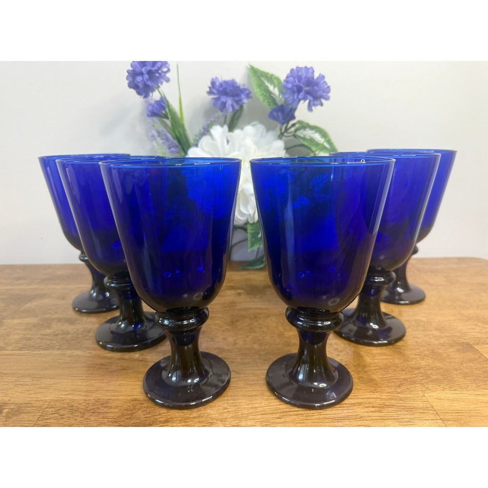 Vintage Libbey Cobalt Blue‎ Flare Goblets Mid Century Stemware Retro Barware